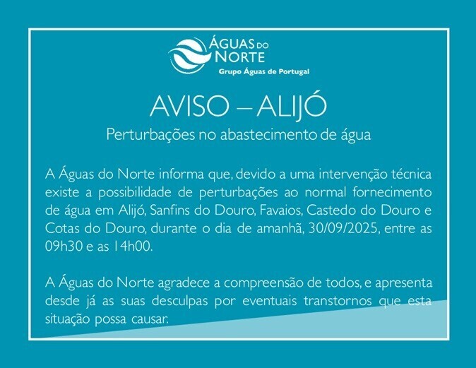 Aviso: Possíveis perturbações no abastecimento de água