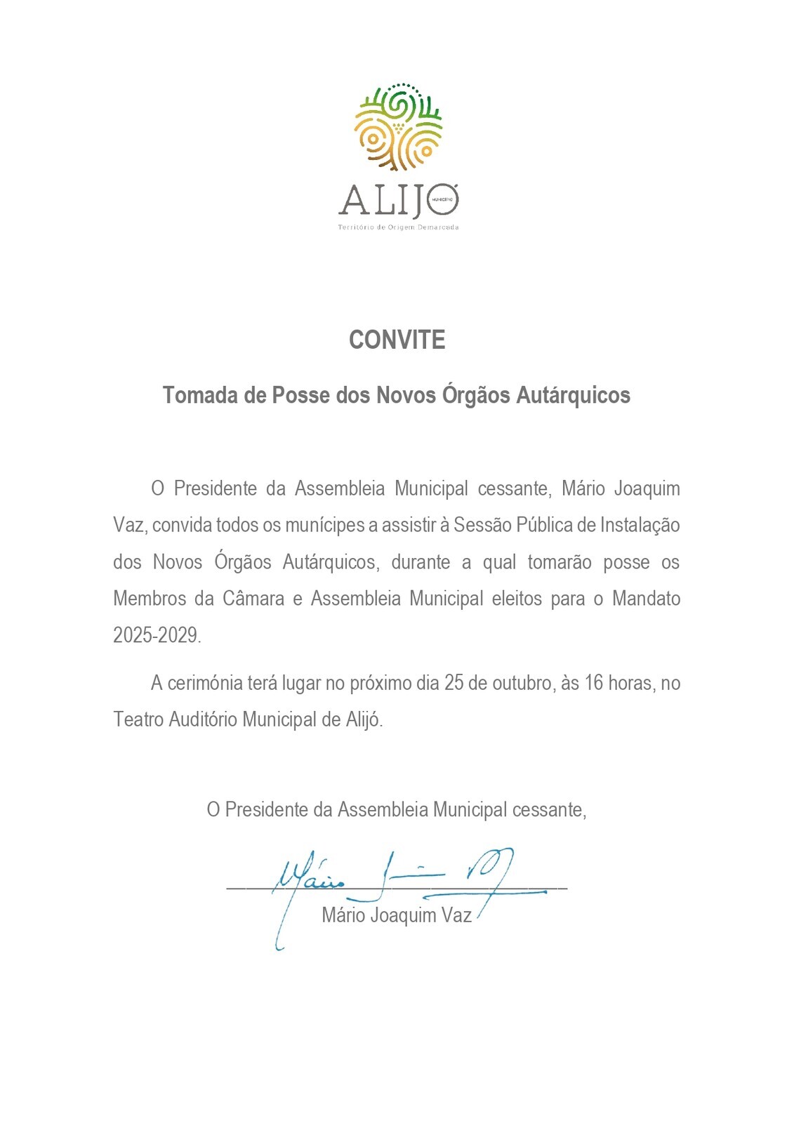 Convite à população: Tomada de Posse dos Novos Órgãos Autárquicos